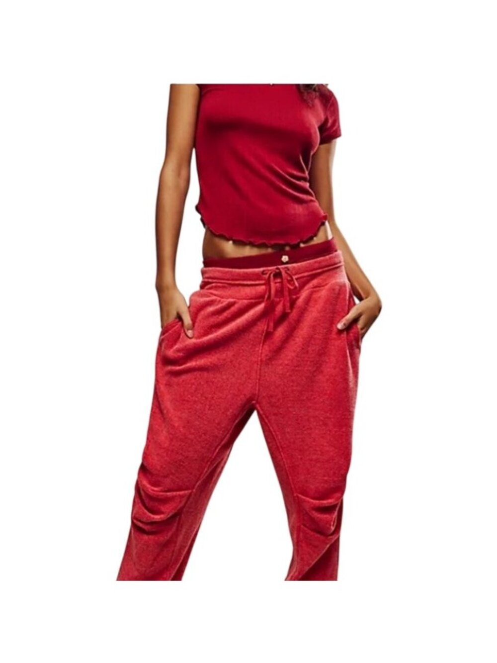 Free People Intimately Day Off Fleece Jogger Womens XS Red Adjustable Drawstring